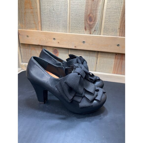 Chie Mihara Black Leather Bow Heeled Shoes Size EU 37 US 6.5 Rare & Stylish Desi